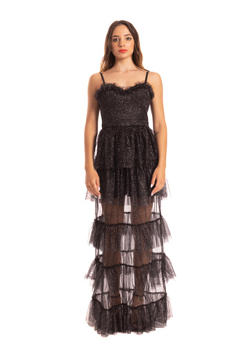 Abito lungo tulle balze nero Silence Limited