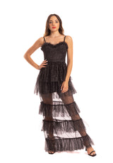 Abito lungo tulle balze nero Silence Limited
