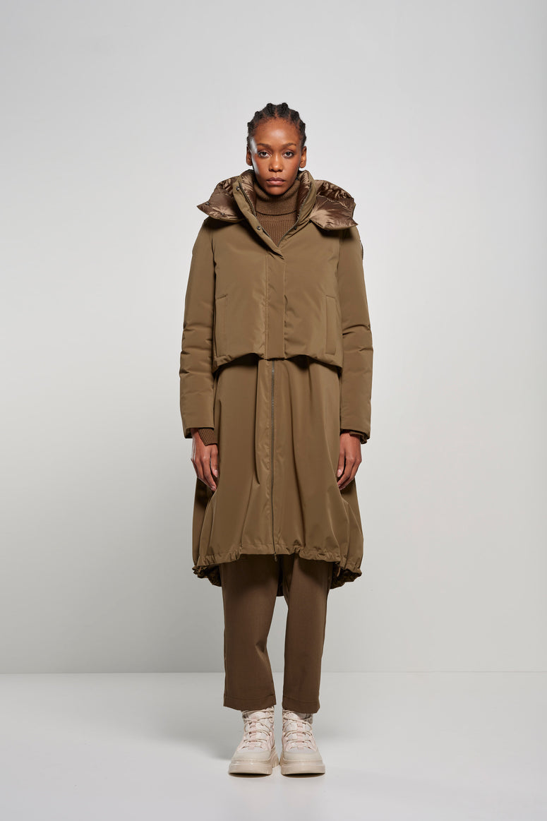 Parka Lungo Comfy Verde Bomboogie – Cappuccio, Tessuto Tecnico & Heat Retention