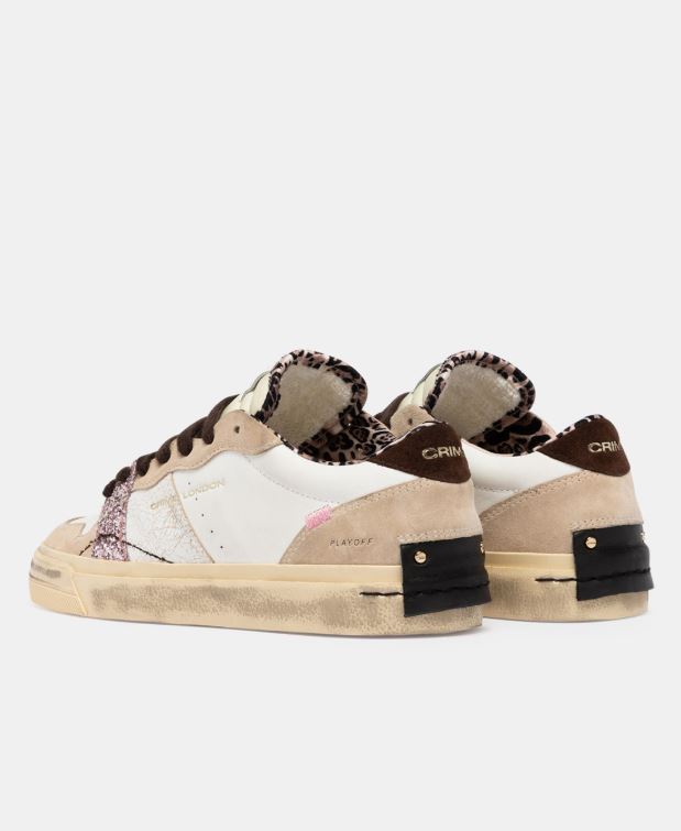 Sneakers Donna Crime London Playoff Eclipse Nude 23503AA9.10 – In Pelle e Cracklè Bianco con Dettagli Cioccolato e Glitter