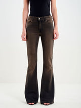 Jeans Donna Vicolo Icon Gisele Flare Marrone Scuro Dirty – Pantaloni Denim a Zampa con Piega Stirata