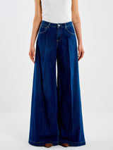 Jeans Donna Vicolo Madison Wide Leg Blu Scuro – Pantaloni Denim a Gamba Larga con Pieghe e Cuciture in Contrasto