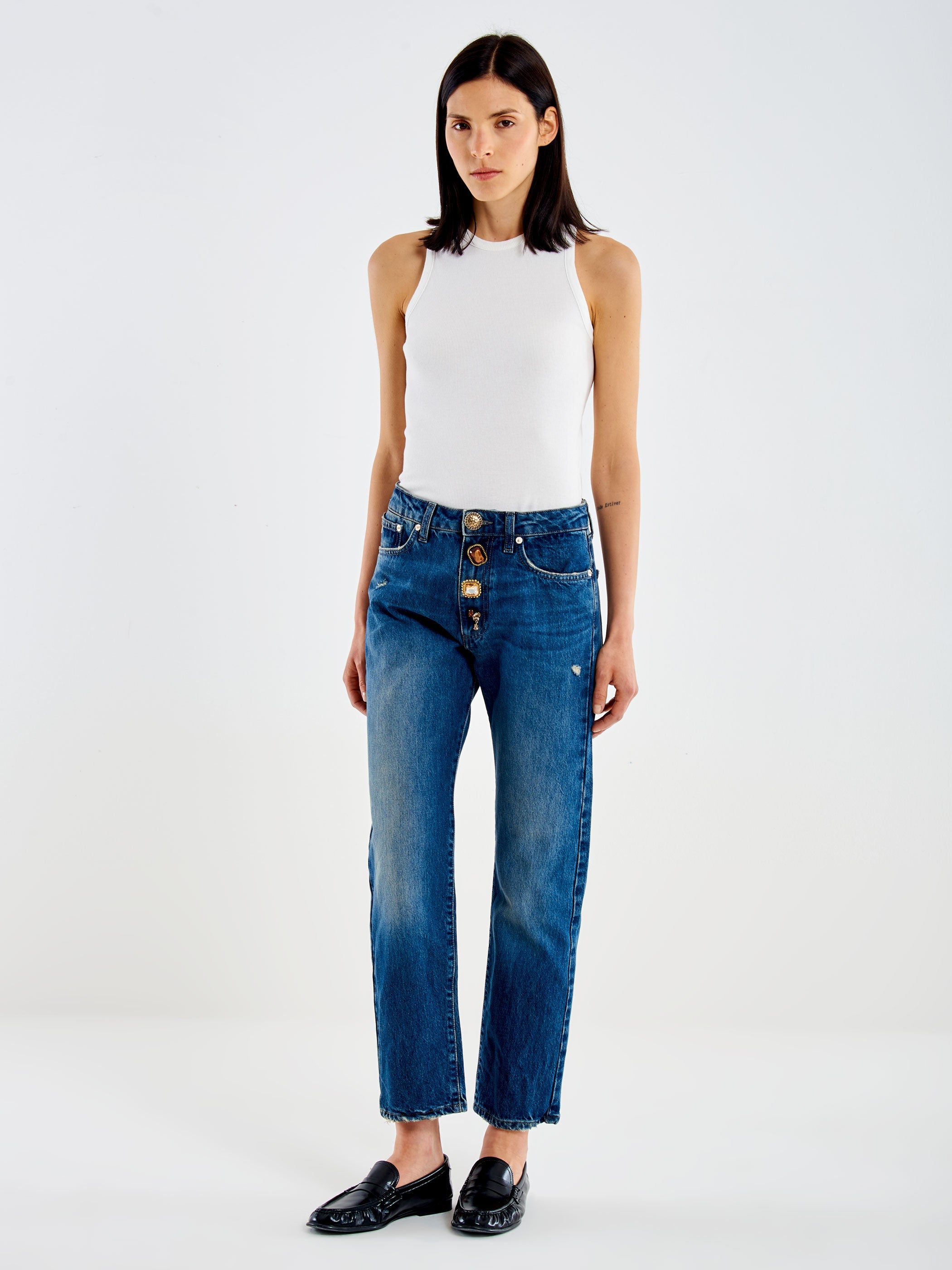 Jeans Donna Vicolo Zoe Blu con Bottoni Gioiello – Pantaloni Denim Regular Fit in 100% Cotone