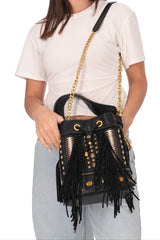 Secchiello nero in pelle martellata con accessori La Carrie