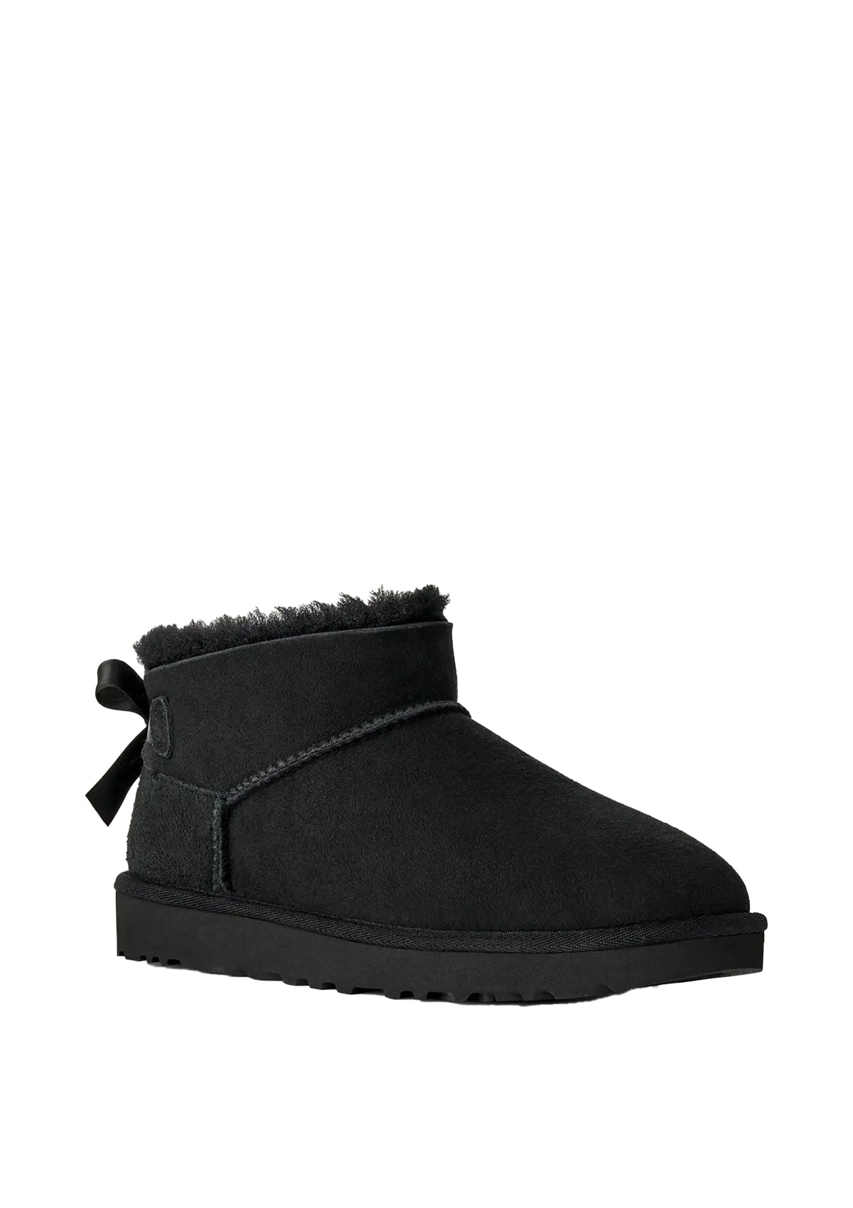 Stivali Donna UGG Classic Ultra Mini Bailey Bow Nero in Camoscio – Stivaletti Bassi con Fiocco e Bordo in Montone