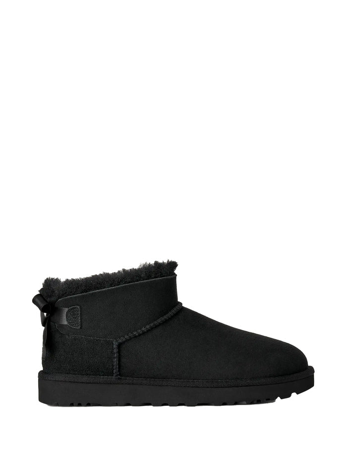 Stivali Donna UGG Classic Ultra Mini Bailey Bow Nero in Camoscio – Stivaletti Bassi con Fiocco e Bordo in Montone