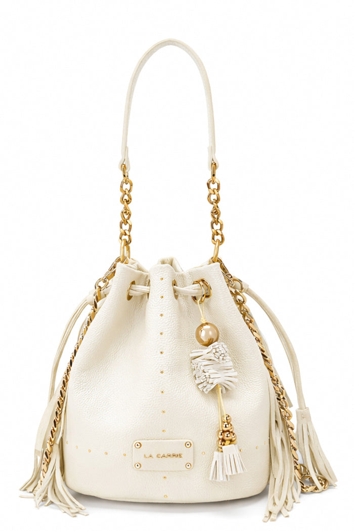 Borsa Secchiello La Carrie Basic Ivory – Pregiata Pelle Martellata e Dettagli Gold