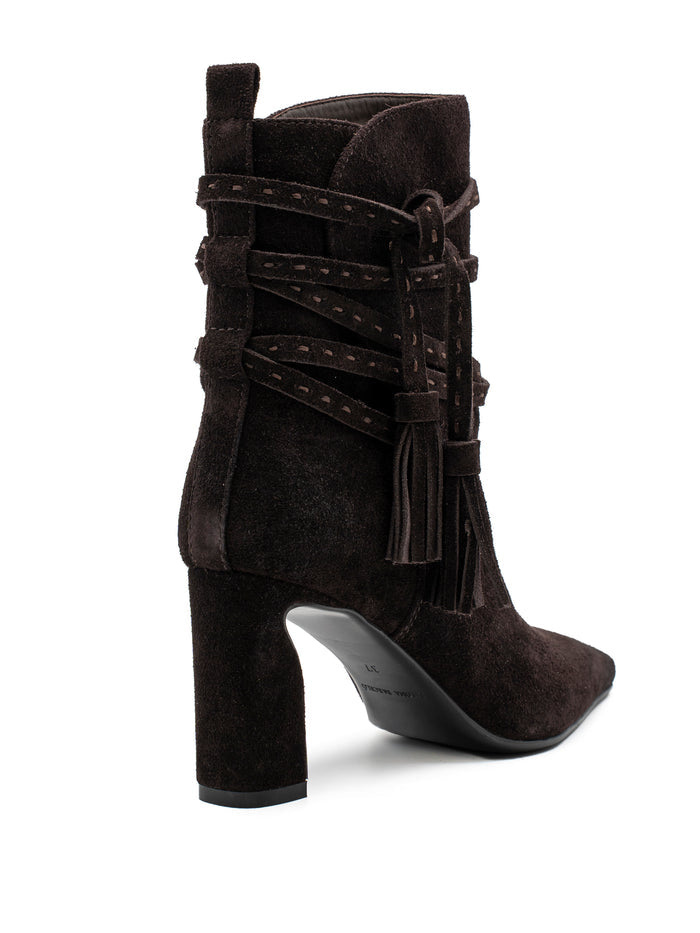Stivaletti Tronchetti Donna Paloma Barceló Maggie Suede Moka – Tronchetto a Punta in Camoscio con Pennacchi e Tacco Largo 8,5 cm