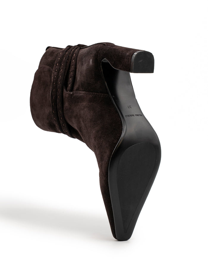 Stivaletti Tronchetti Donna Paloma Barceló Maggie Suede Moka – Tronchetto a Punta in Camoscio con Pennacchi e Tacco Largo 8,5 cm