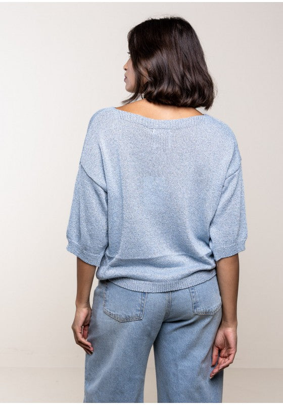 Maglia Over Lokita a Pipistrello – Filo Lamé e Color Cielo