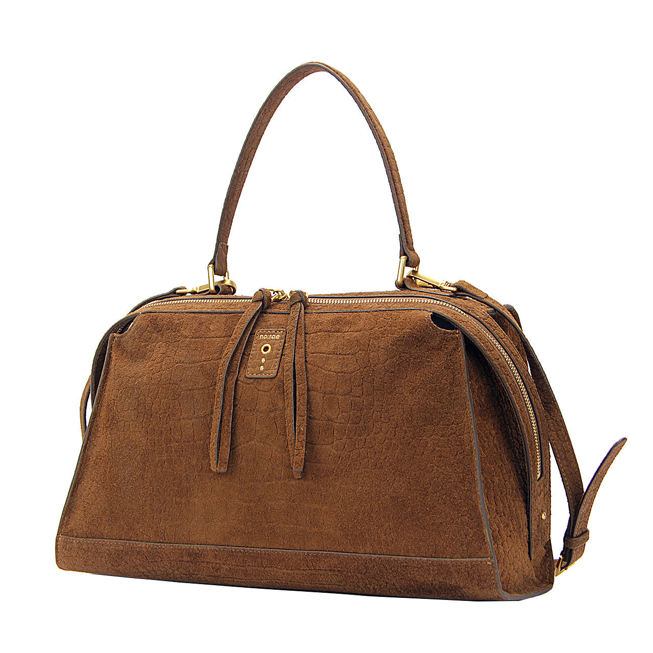 Borsa a Mano Donna Nora-E Metis Grande in Camoscio Marrone Stampa Rettile – Borsa con Zip e Tracolla