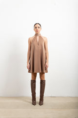 Abito Mini Donna Silence Limited Her AB4282 Beige in Raso – Vestito Corto con Scollo all'Americana e Fiocco Scenografico