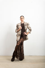 Giacca Donna Haveone Beige JGE R045 – Giacca Check Sfrangiata con Spalline Imbottite