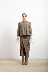 Giacca Coreana Donna Haveone Check con Polsi in Pizzo – Capospalla Sartoriale con Dettaglio Romantico