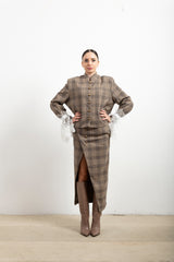Giacca Coreana Donna Haveone Check con Polsi in Pizzo – Capospalla Sartoriale con Dettaglio Romantico