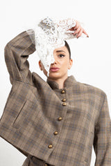 Giacca Coreana Donna Haveone Check con Polsi in Pizzo – Capospalla Sartoriale con Dettaglio Romantico