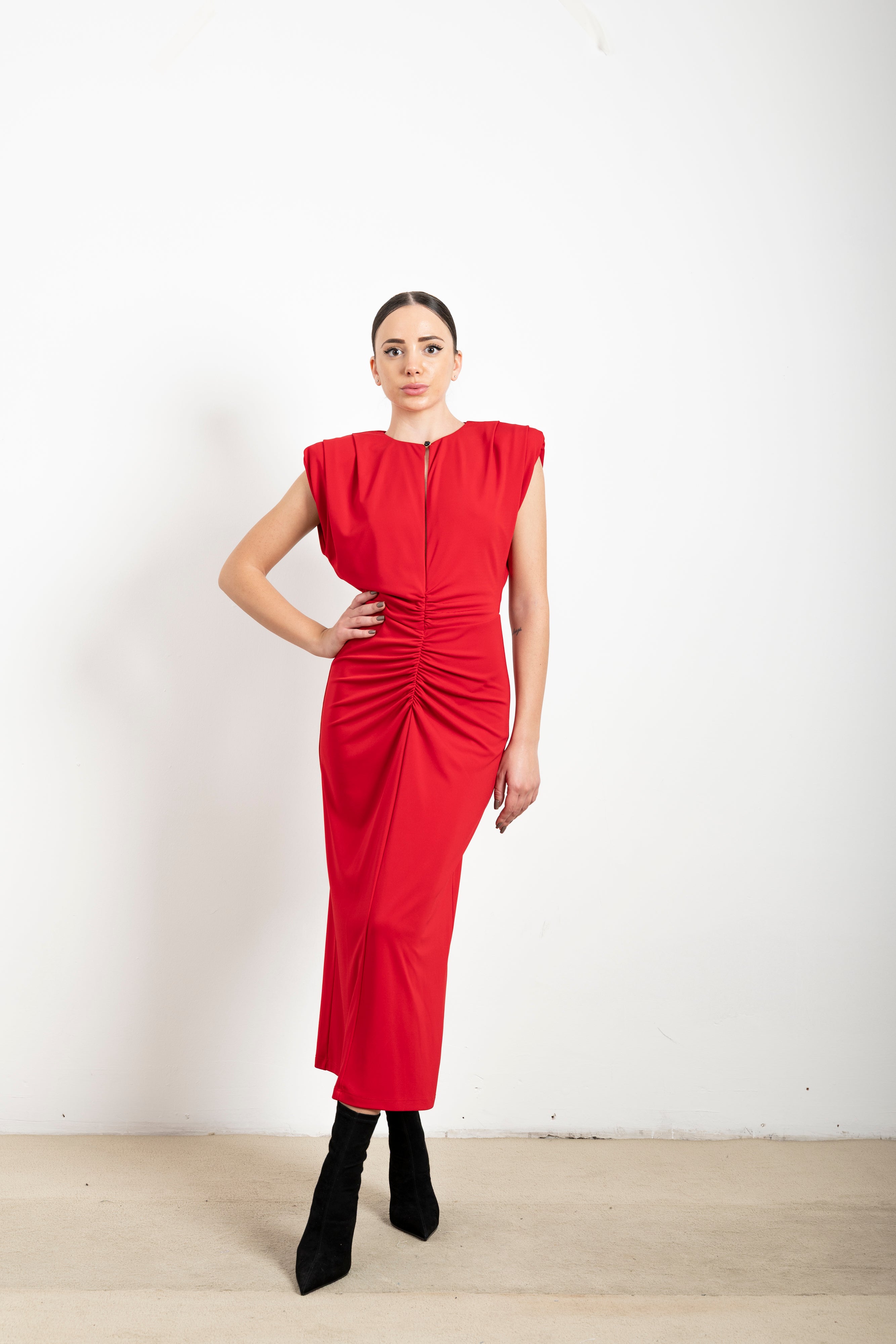 Abito Midi Donna Imperial Arricciato – Vestito Elegante con Spalla Larga e Scollo V-Drop
