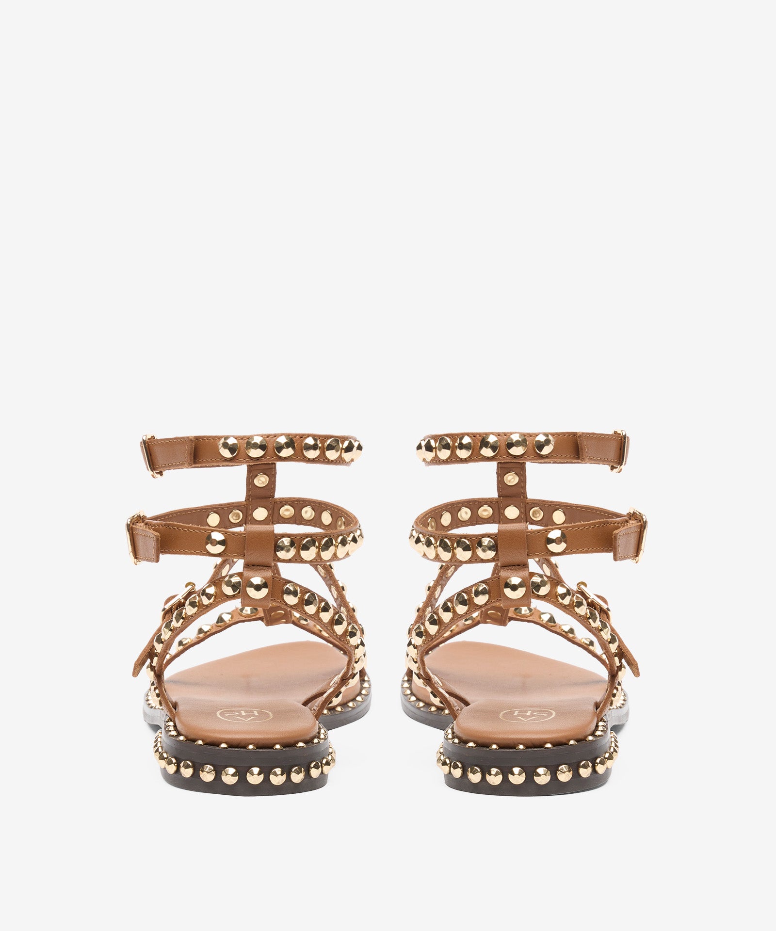 Sandalo Flat Ash Play in Pelle Cuoio con Borchie Oro