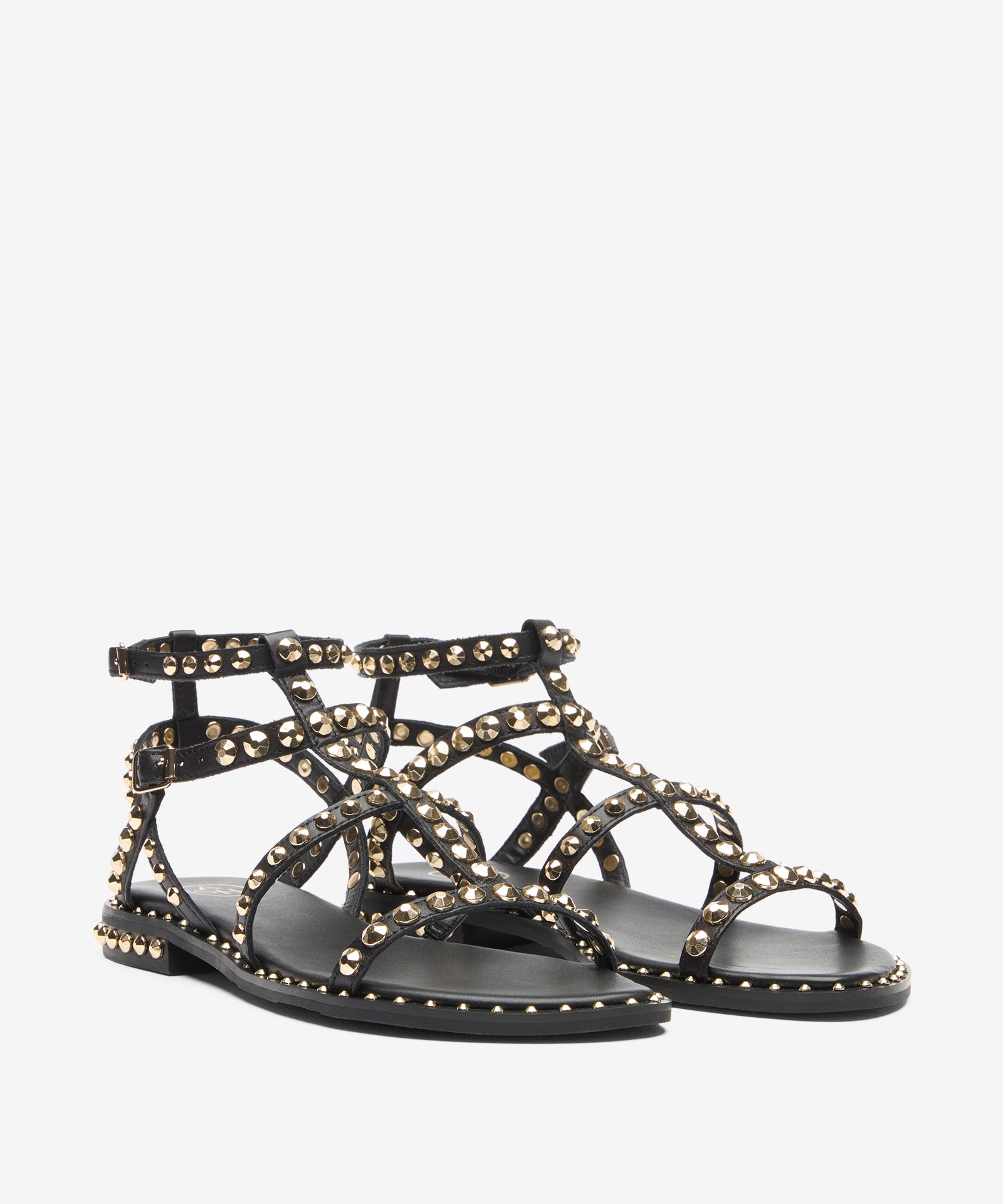 Sandalo Flat Ash Precious in Pelle Nera con Borchie Oro