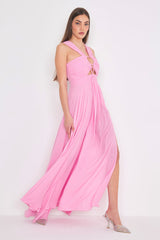 Abito lungo Calypso in Chiffon rosa, spacco laterale Silence Limited
