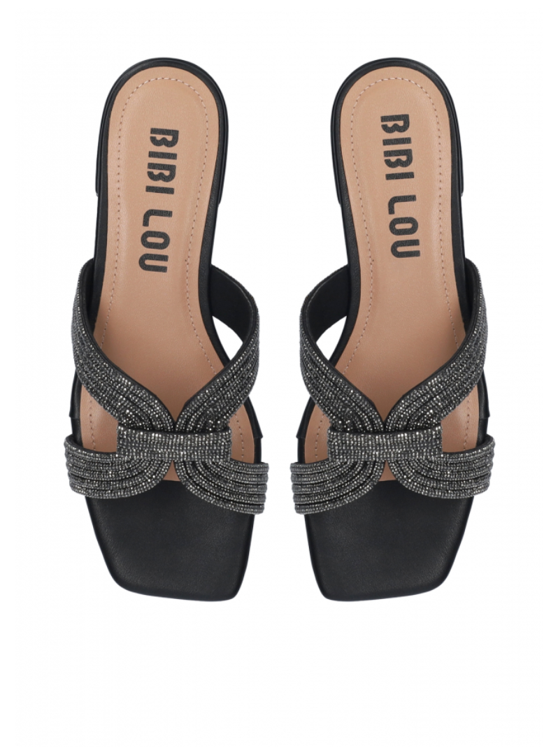 Ciabatta tacco bassa nera fascia intrecciata con strass Bibi Lou