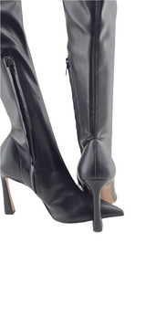 Stivale cuissard in ecopelle stretch nero a punta, tacco alto Bianca Di