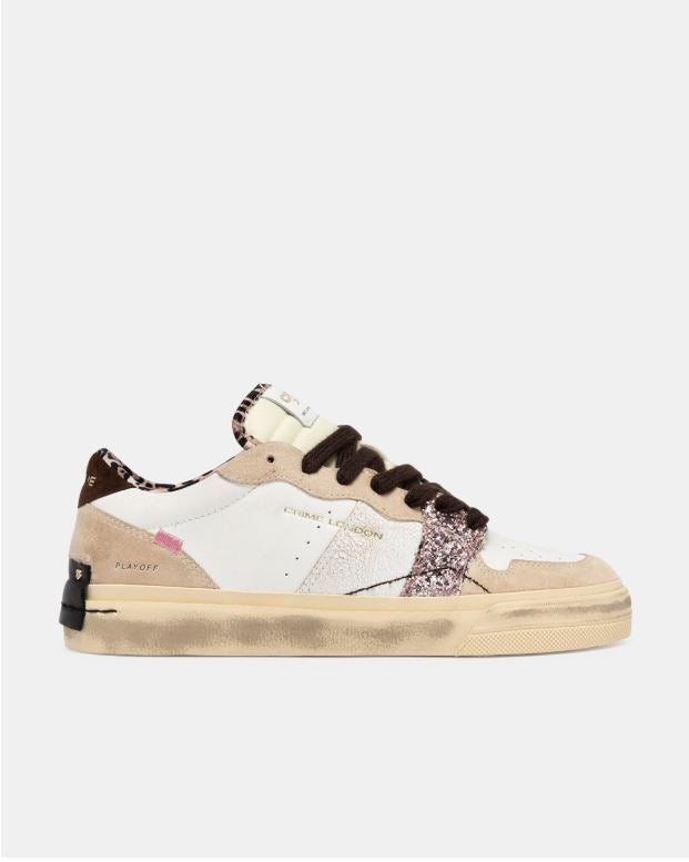 Sneakers Donna Crime London Playoff Eclipse Nude 23503AA9.10 – In Pelle e Cracklè Bianco con Dettagli Cioccolato e Glitter