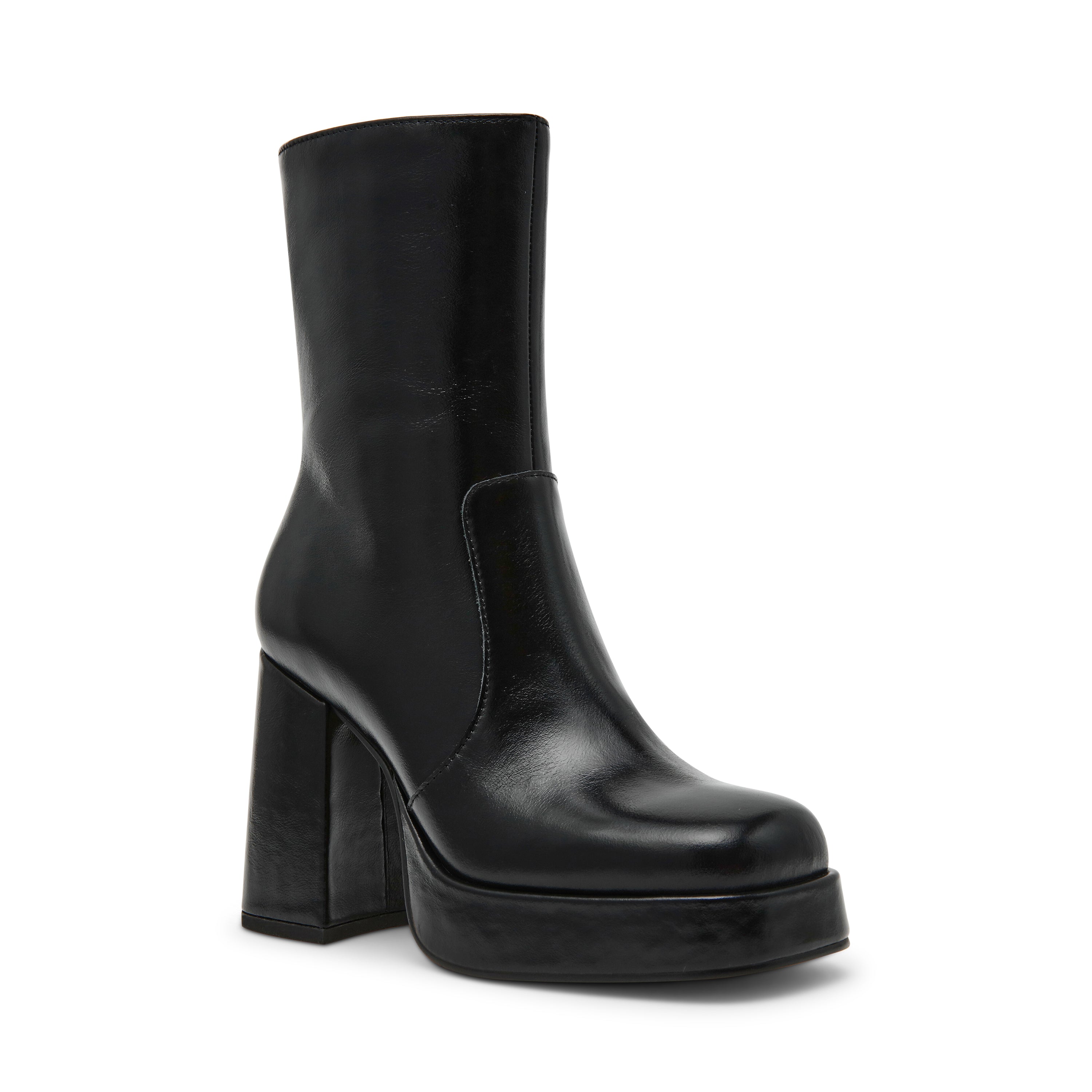 Stivaletti Donna Steve Madden Echos Nero in Pelle – Tronchetti con Tacco 9 cm, Plateau e Zip