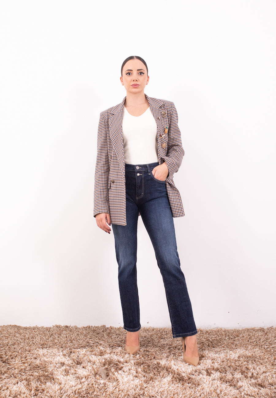 Giacca pied de poulle marrone/blu con spille Zahjr