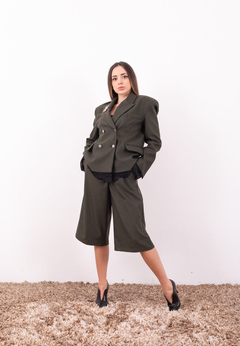 Giacca Doppiopetto Verde Gessato Motel | Dettagli Gioiello e Pizzo Donna