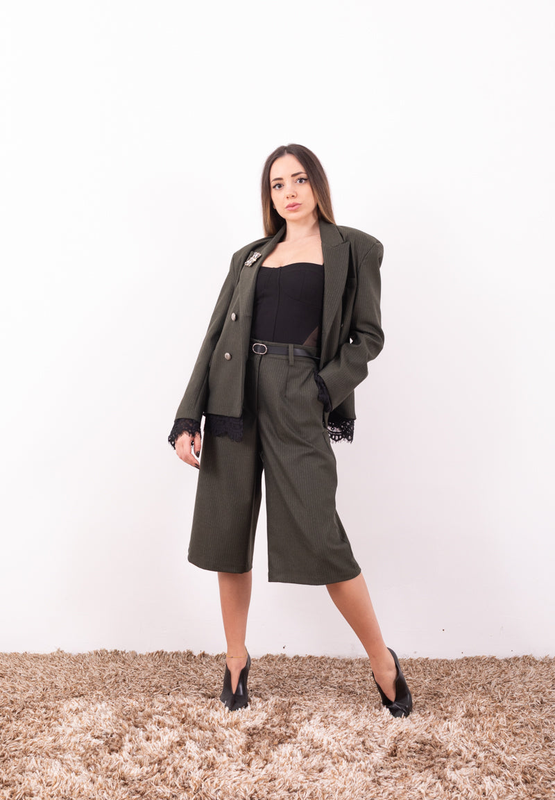 Giacca Doppiopetto Verde Gessato Motel | Dettagli Gioiello e Pizzo Donna