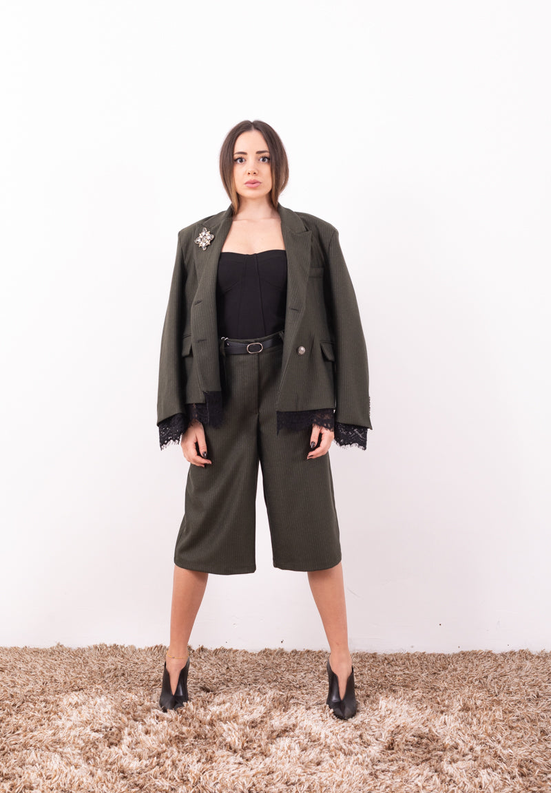 Pantalone Cropped Verde Gessato Motel | Vita Alta con Cintura Donna