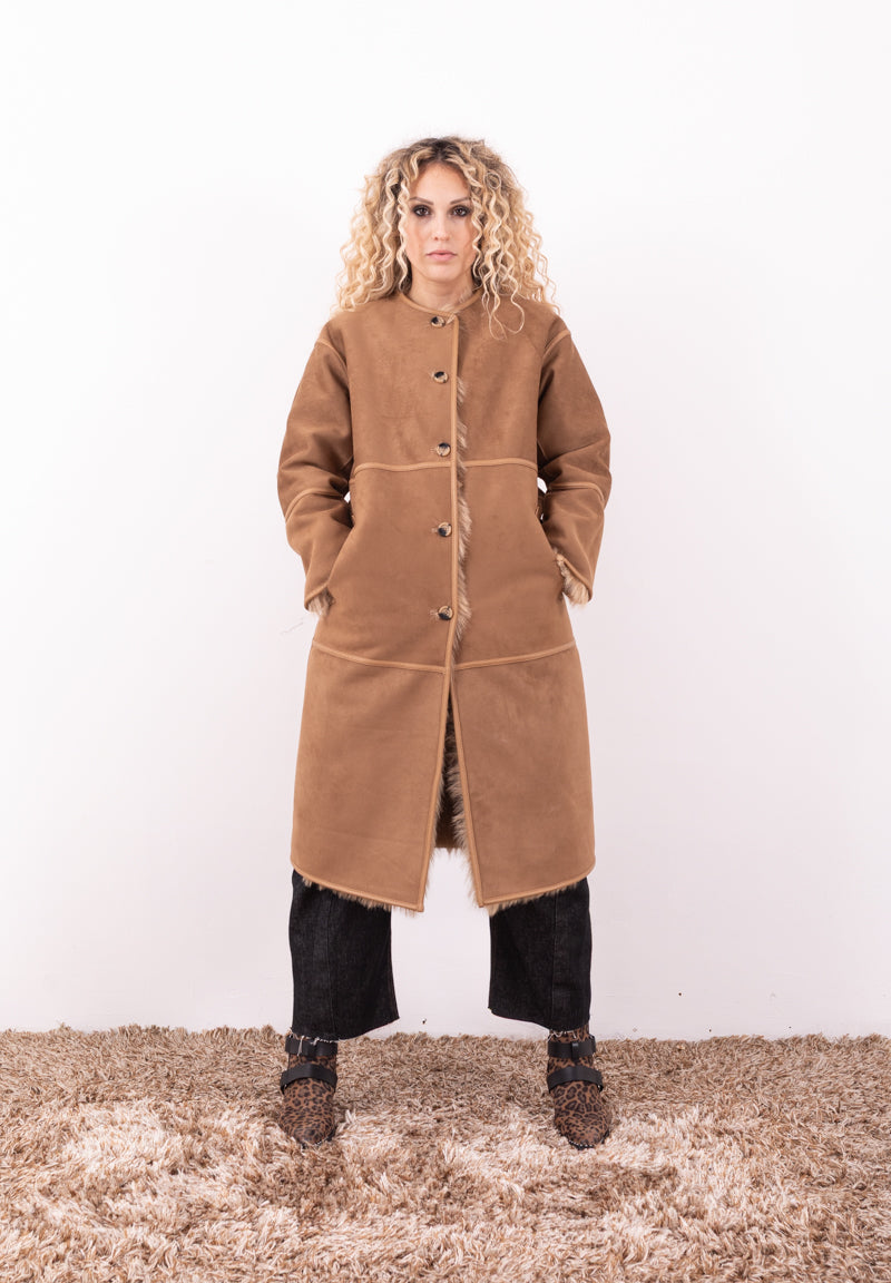 Cappotto Reversibile in Eco Pelliccia e Faux Suede Marrone | Urbancode