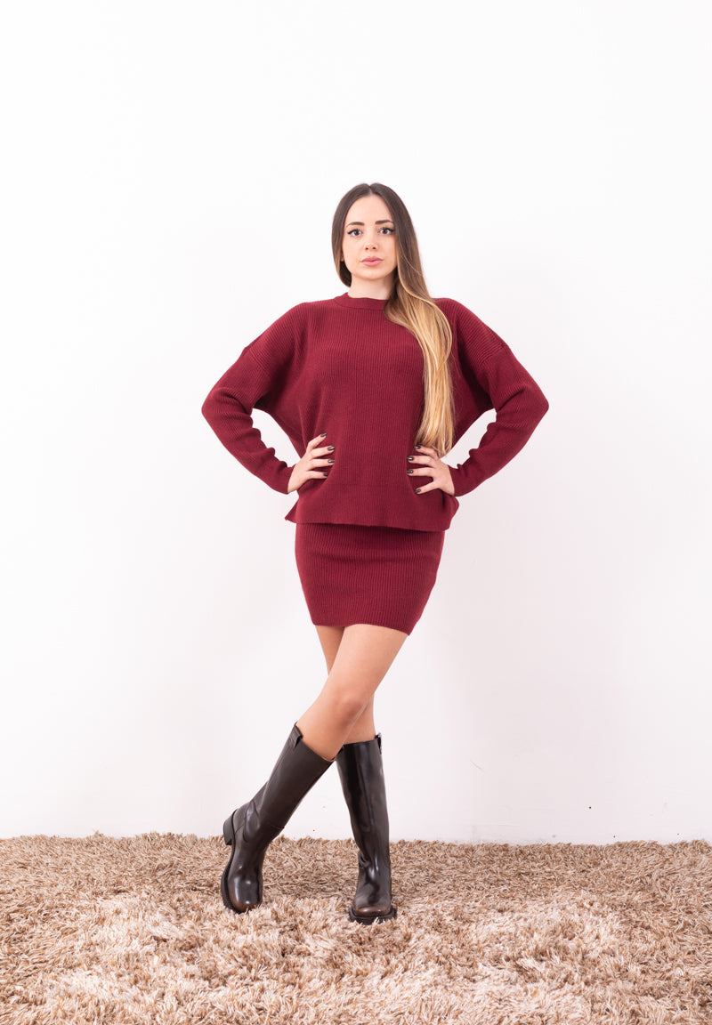 Completo Maglia Daisy Bordeaux | Coord Pull e Minigonna a Tubino HaveOne