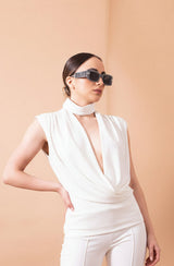 Top Imperial Incrociato bianco – Scollo a V Profondo e Drappeggio Anterioriore