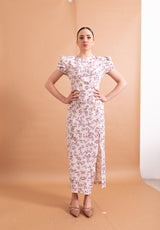 Abito Midi Lokita Panna e Lilla – Fantasia Floreale Fluida con Spacco Laterale