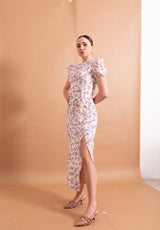 Abito Midi Lokita Panna e Lilla – Fantasia Floreale Fluida con Spacco Laterale