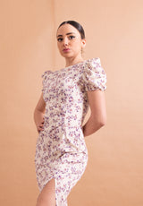 Abito Midi Lokita Panna e Lilla – Fantasia Floreale Fluida con Spacco Laterale