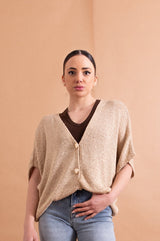 Cardigan Lokita a Pipistrello – Filo Lamé in Tonalità Orzo