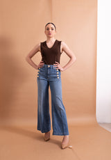 Jeans Vicolo Cristina con Bottoni – Denim Wide Leg con Dettagli Araldici Oro