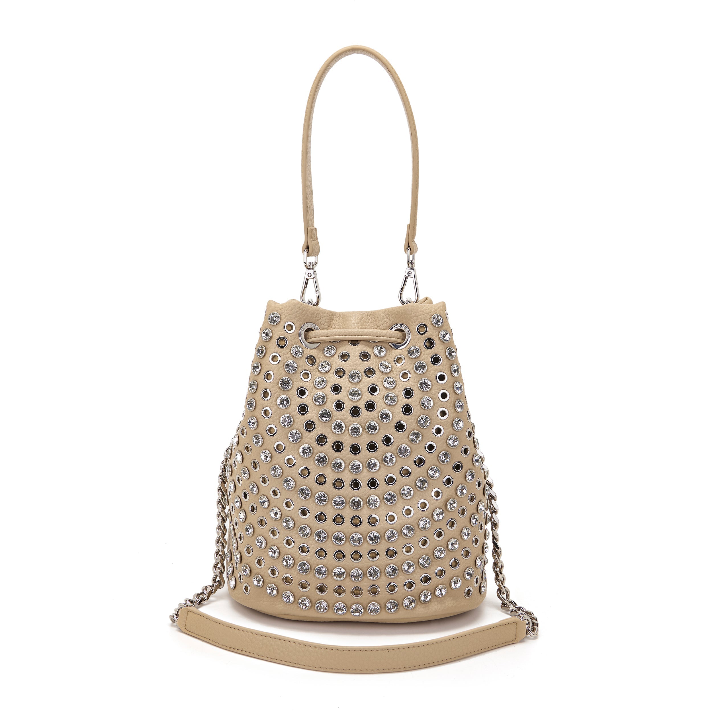 Secchiello La Carrie Andromeda Beige e Strass - Borsa in Pelle Martellata | Peccatidistile