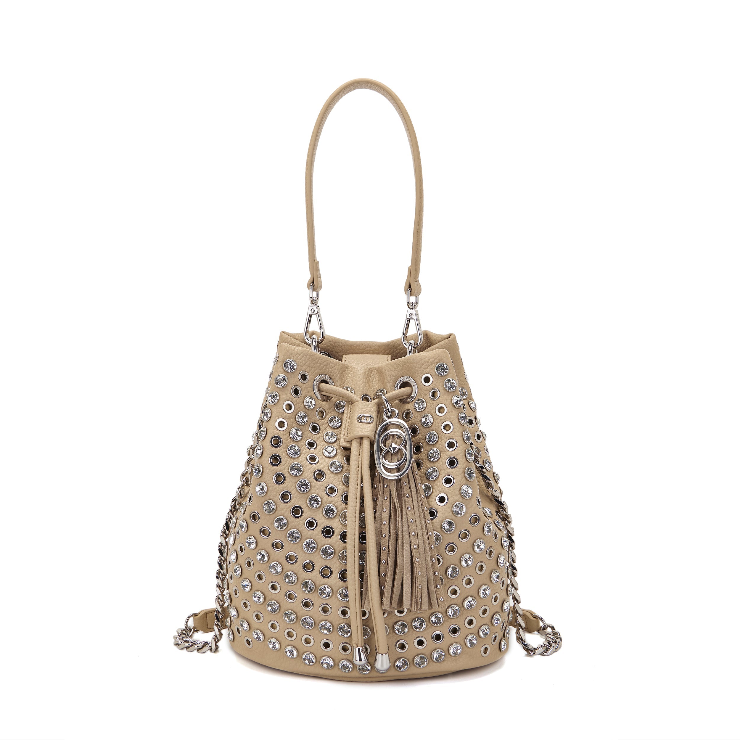 Secchiello La Carrie Andromeda Beige e Strass - Borsa in Pelle Martellata | Peccatidistile