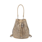 Secchiello La Carrie Andromeda Beige e Strass - Borsa in Pelle Martellata | Peccatidistile
