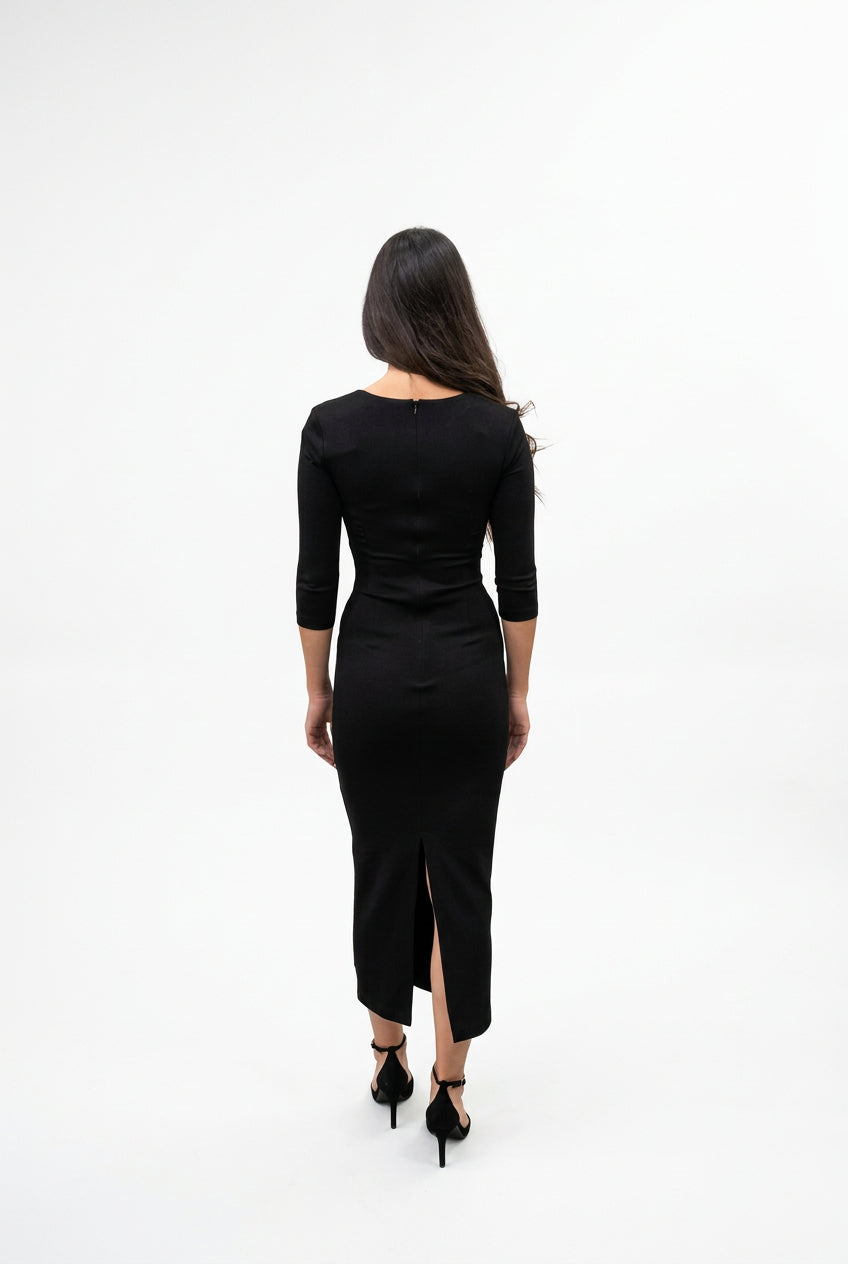 Abito Midi Donna Silence Limited Dakota Nero – Vestito Elasticizzato con Scollo a Cuore