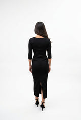 Abito Midi Donna Silence Limited Dakota Nero – Vestito Elasticizzato con Scollo a Cuore