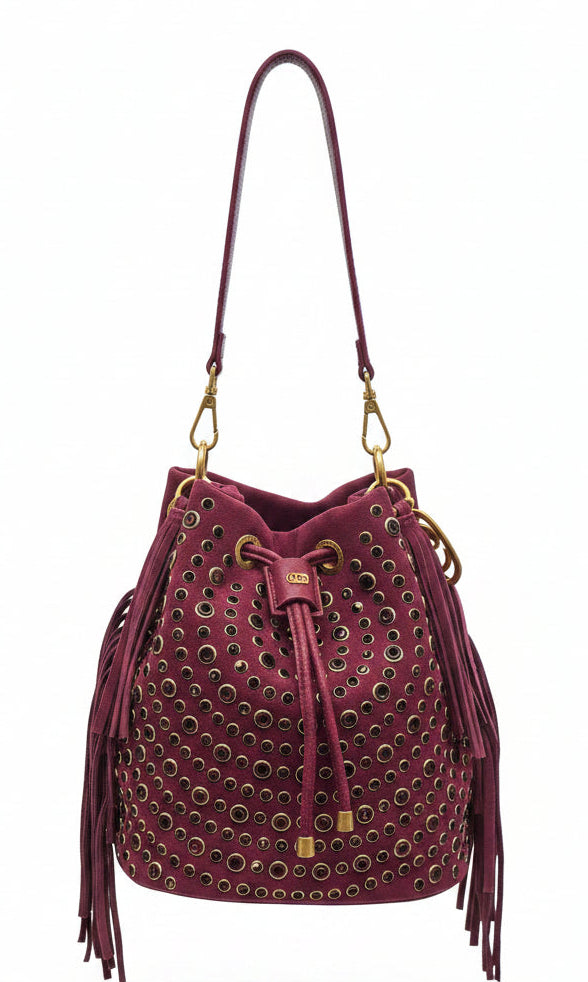 Borsa Secchiello La Carrie Andromeda in Camoscio Bordeaux con Strass – Borsa a Spalla con Borchie e Cristalli