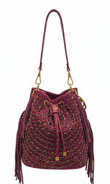 Borsa Secchiello La Carrie Andromeda in Camoscio Bordeaux con Strass – Borsa a Spalla con Borchie e Cristalli