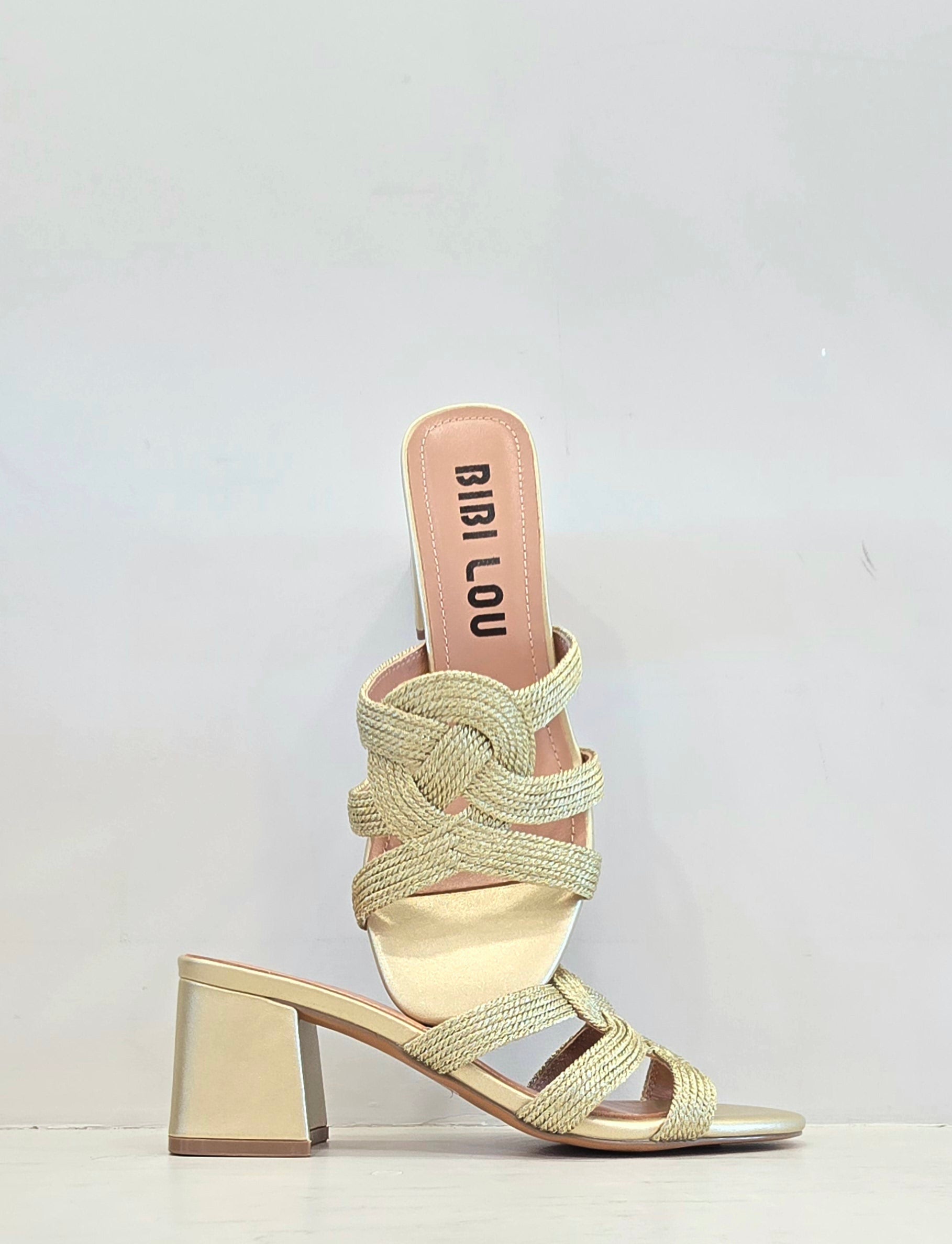 Sabot con tacco oro, tomaia con cordoncino intrecciato Bibi Lou