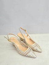 Slingback  in pelle laminata intrecciata oro e argento, tacco a rocchetto comodo