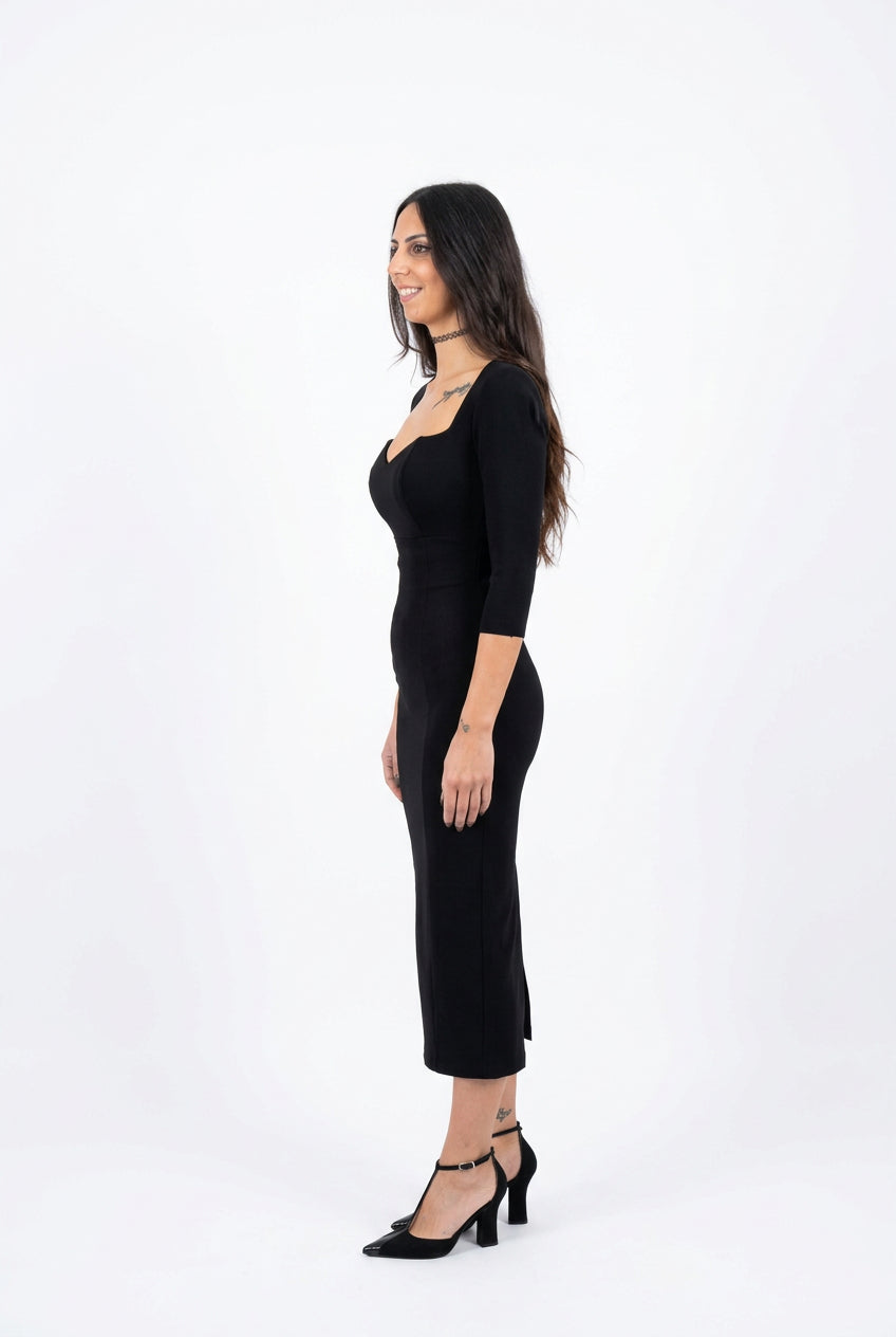 Abito Midi Donna Silence Limited Dakota Nero – Vestito Elasticizzato con Scollo a Cuore